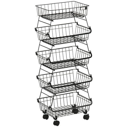 Photo of HOMCOM 5 Tier Storage Trolley, Stackable Fruit Vegetable Cart for Kitchen, Living Room, 40 x 2 x 97 cm, Black in Black colour on a white background