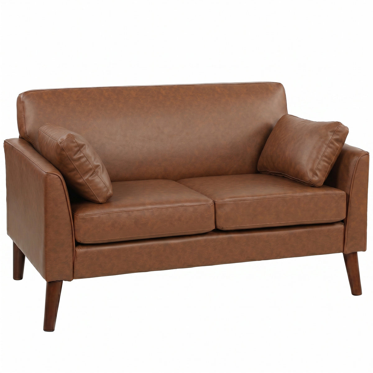 Photo of HOMCOM 2 Seater Sofa, 132 cm Modern Small Sofa with Solid Wood Legs and 2 Pillows for Small Space, Brown in Brown colour on a white background
