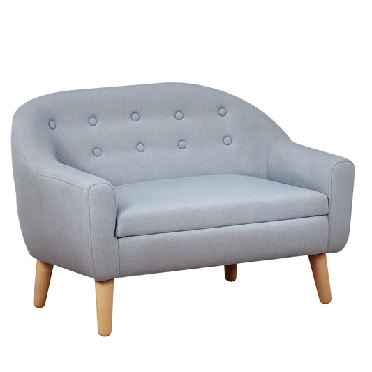 Gray children's two-seat sofa with button-tufted back, padded arms, and wooden legs