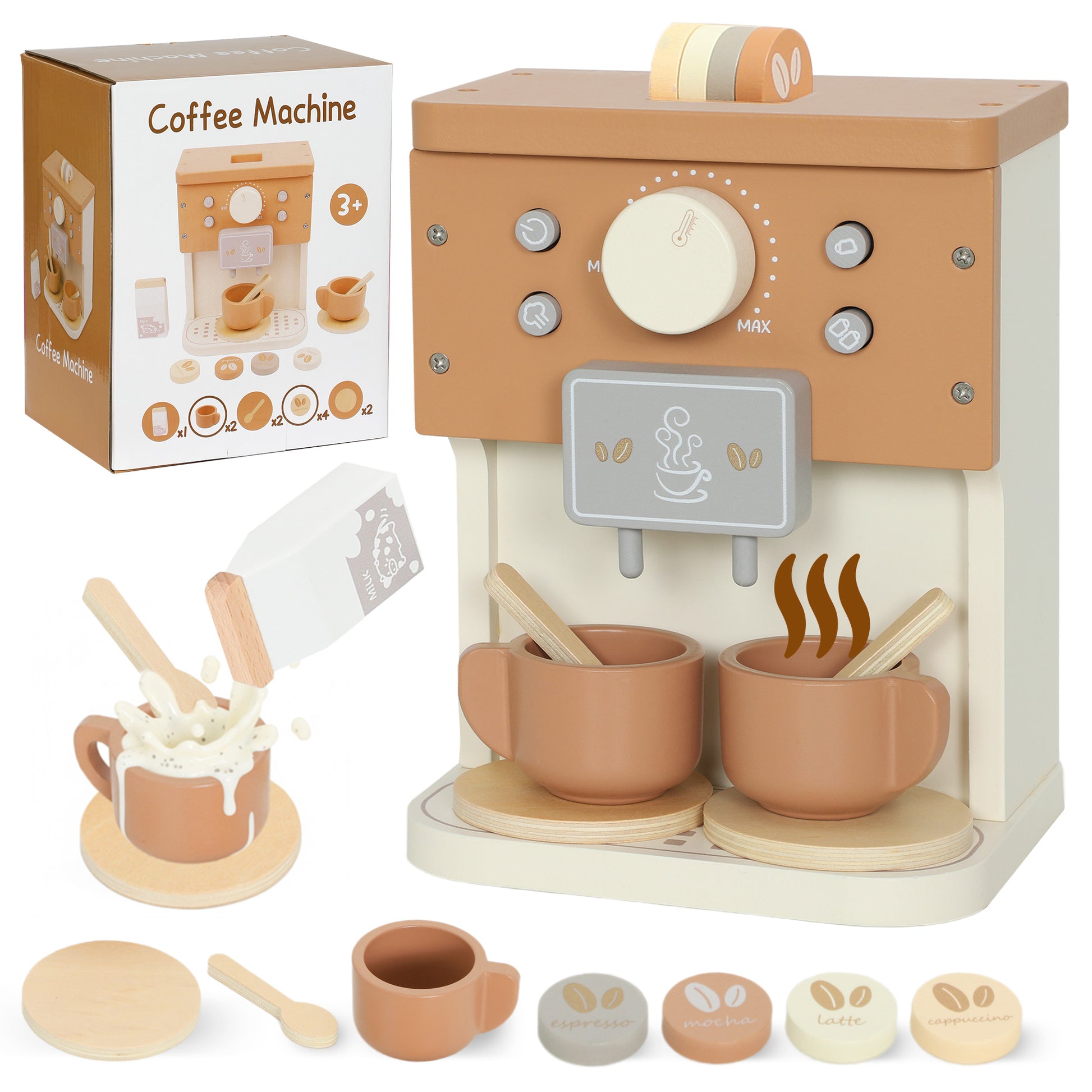 Photo of AIYAPLAY Kids Wooden Coffee Machine Toy, Pretend Play Kitchen Accessories Gift for Boys and Girls Ages 3+ in 3+ colour on a white background