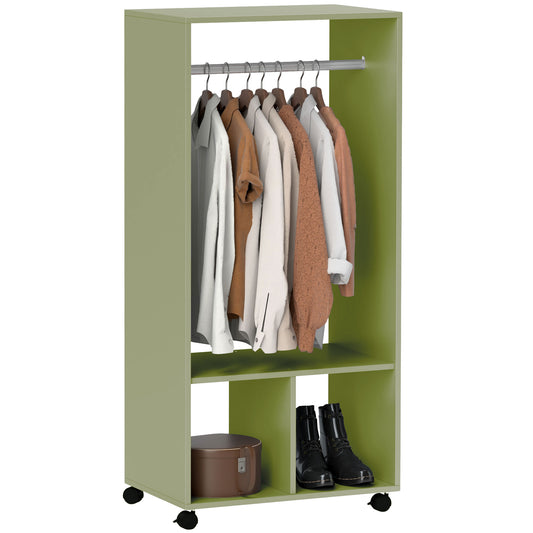 Photo of HOMCOM Open Wardrobe on Wheels, Bedroom Wardrobe with Clothes Hanging Rail, 2 Storage Shelves, Mobile Garment Rack for Cloakroom, Hallway, Green in Green colour on a white background