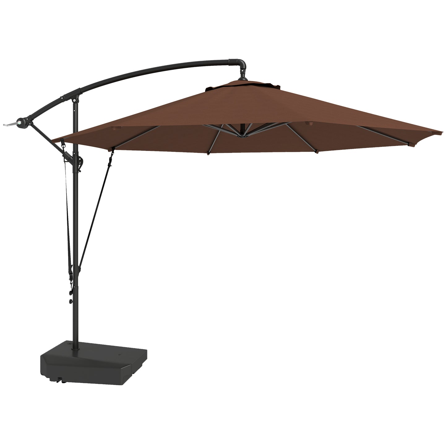 Photo of Outsunny 3(m) Garden Cantilever Parasol with Fillable Base up to 90kg, Wind Protection Strap, Cover, Round Banana Hanging Umbrella with Crank Handle and Tilt, UPF50+ Patio Umbrella, Brown in Brown colour on a white background