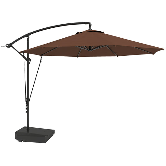 Photo of Outsunny 3(m) Garden Cantilever Parasol with Fillable Base up to 90kg, Wind Protection Strap, Cover, Round Banana Hanging Umbrella with Crank Handle and Tilt, UPF50+ Patio Umbrella, Brown in Brown colour on a white background