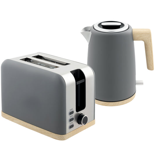 Photo of HOMCOM Stainless Steel Kettle and Toaster Set, 1.7L 3000W Fast Boil Kettle & 2 Slice Toaster Kitchen Set with 7 Level Browning Controls, Defrost, Reheat, Auto Off, Boil-dry Protection, Grey in Grey colour on a white background