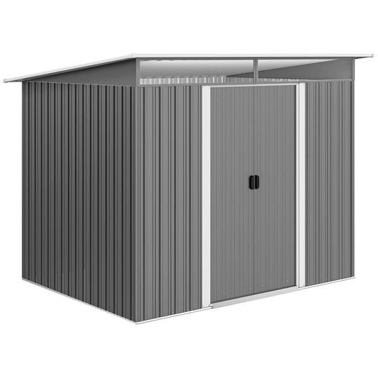Photo of Outsunny Garden Metal Storage Shed House Hut Gardening Tool Storage w/ Tilted Roof and Ventilation 8.5 x 6ft, Grey in Grey colour on a white background