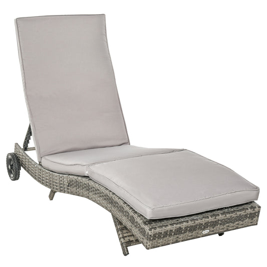 Photo of Outsunny Patio Wicker Chaise Lounge Chair, Outdoor PE Rattan Sun Lounger with Adjustable Backrest and 2 Wheels, Grey in Grey colour on a white background