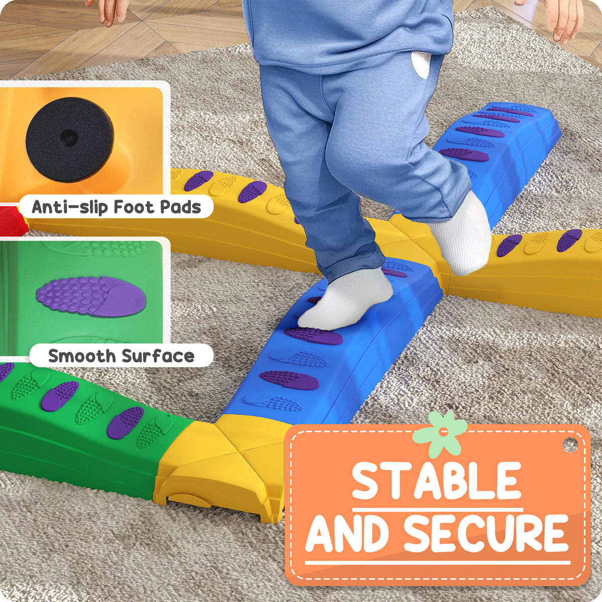 Child stepping on a blue balance board with textured non-slip pads