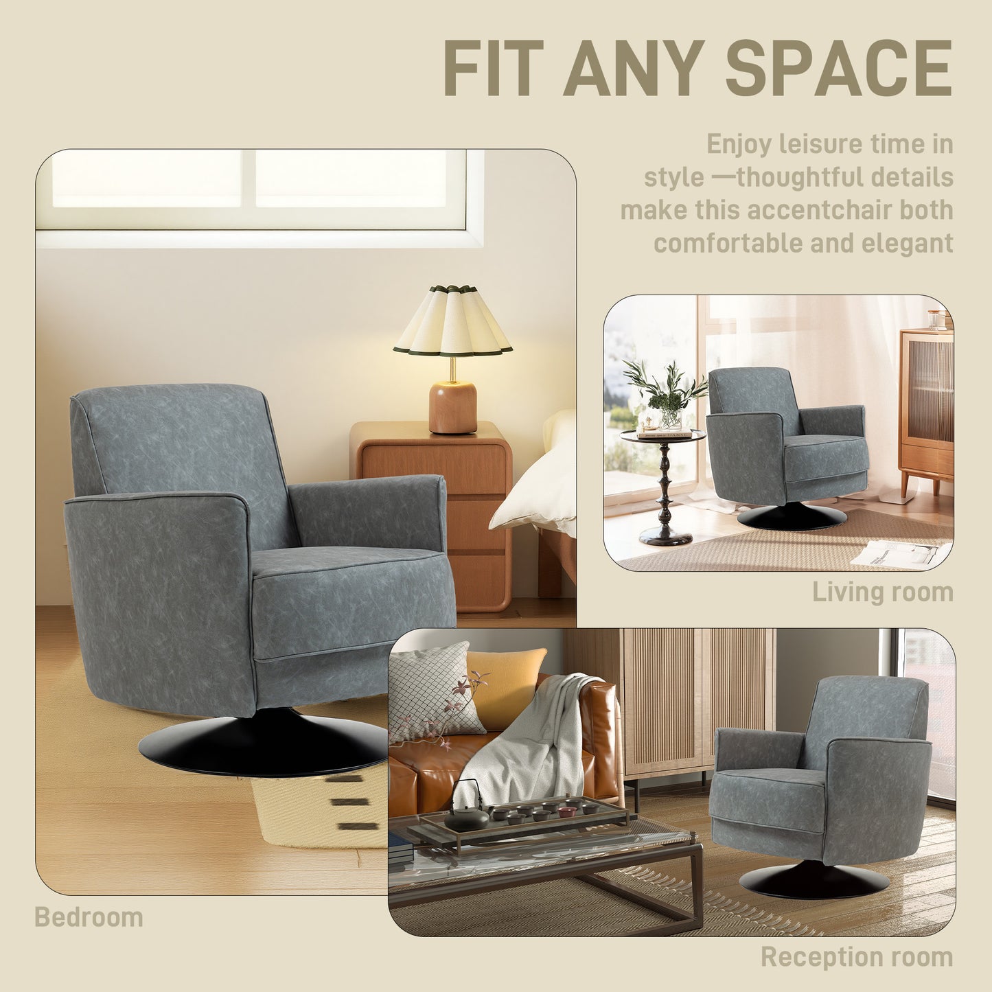 HOMCOM Upholstered Swivel Accent Chair with Thick Padding, Grey