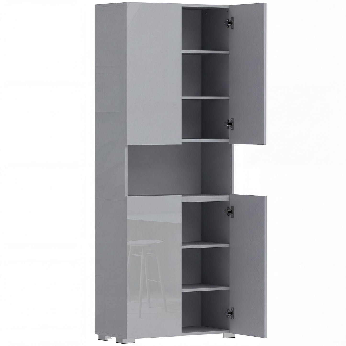 Photo of HOMCOM 180 cm Tall Kitchen Cupboard, Pantry Storage Cabinet with Soft Close Doors and Adjustable Shelves, High Gloss Grey in Grey colour on a white background