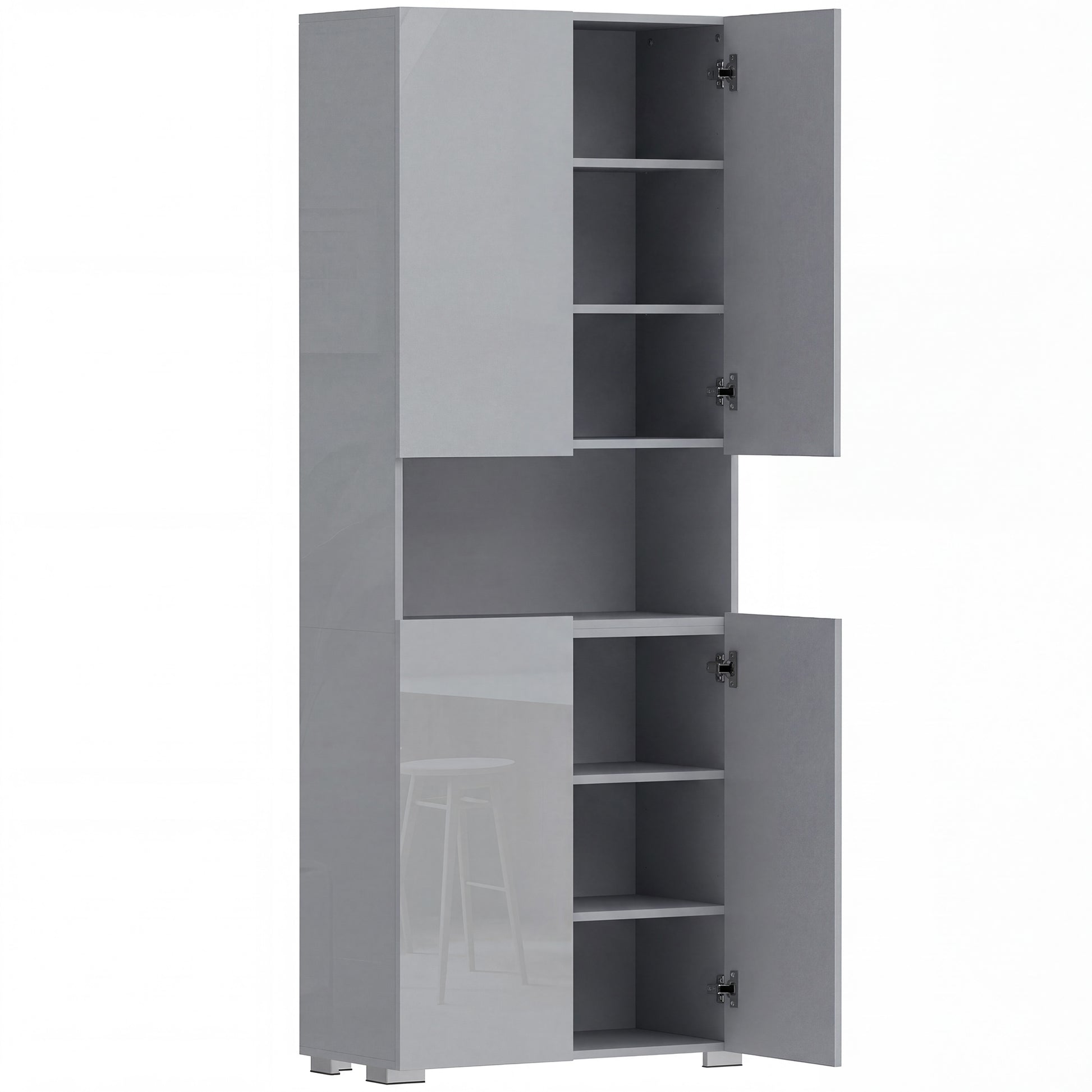 Photo of HOMCOM 180 cm Tall Kitchen Cupboard, Pantry Storage Cabinet with Soft Close Doors and Adjustable Shelves, High Gloss Grey in Grey colour on a white background