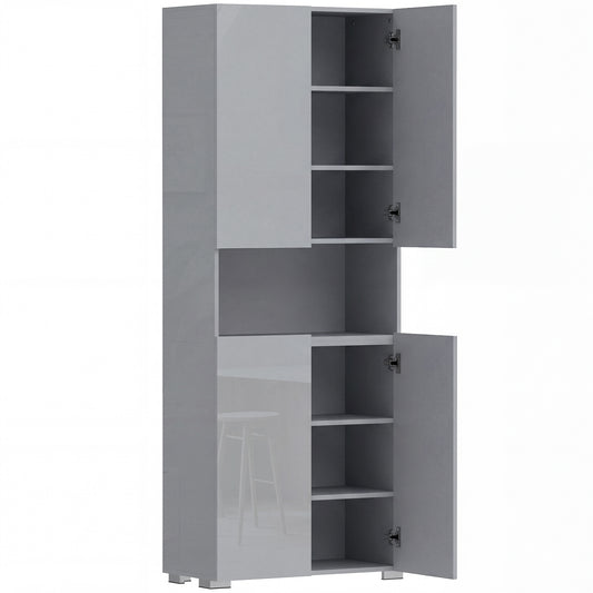 Photo of HOMCOM 180 cm Tall Kitchen Cupboard, Pantry Storage Cabinet with Soft Close Doors and Adjustable Shelves, High Gloss Grey in Grey colour on a white background