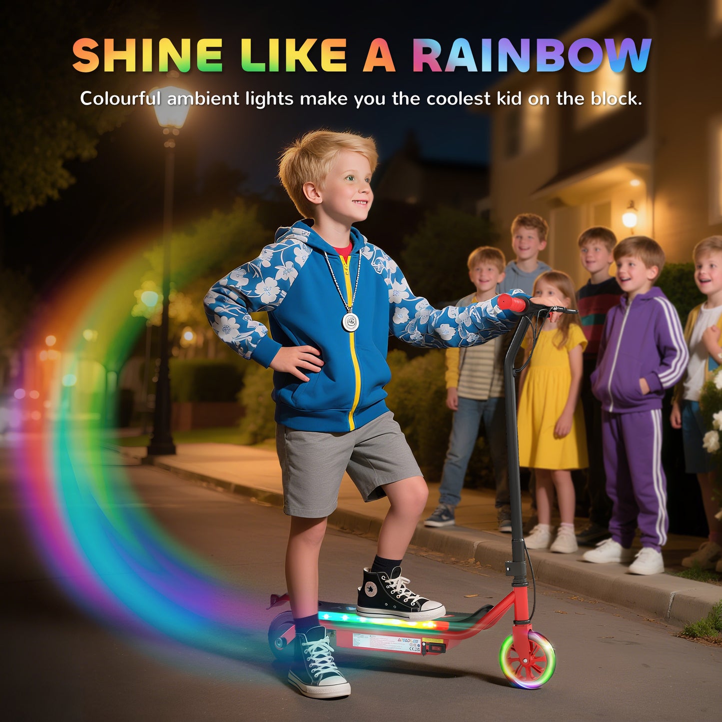 AIYAPLAY Electric Scooter for Kids Aged 6-14 Years, with Colourful Lights, Red