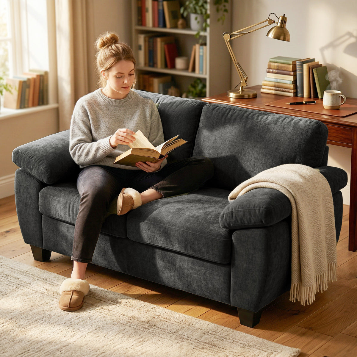 HOMCOM 2 Seater Sofa, 156cm Chenille Loveseat Sofa, Dark Grey