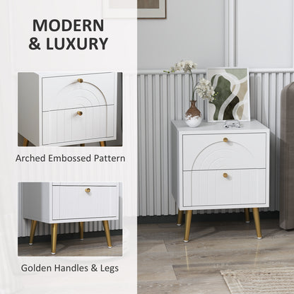 White two-drawer bedside table with arched embossed fronts and gold knobs and legs