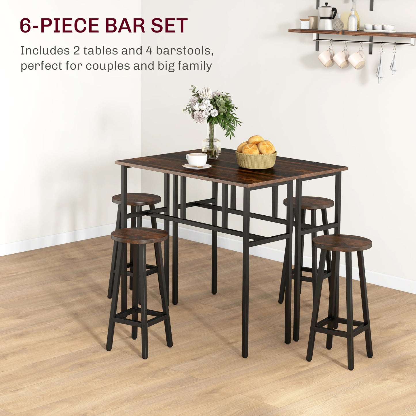 HOMCOM 6-Piece Industrial Bar Table Set, 2 Breakfast Tables with 4 Stools Brown
