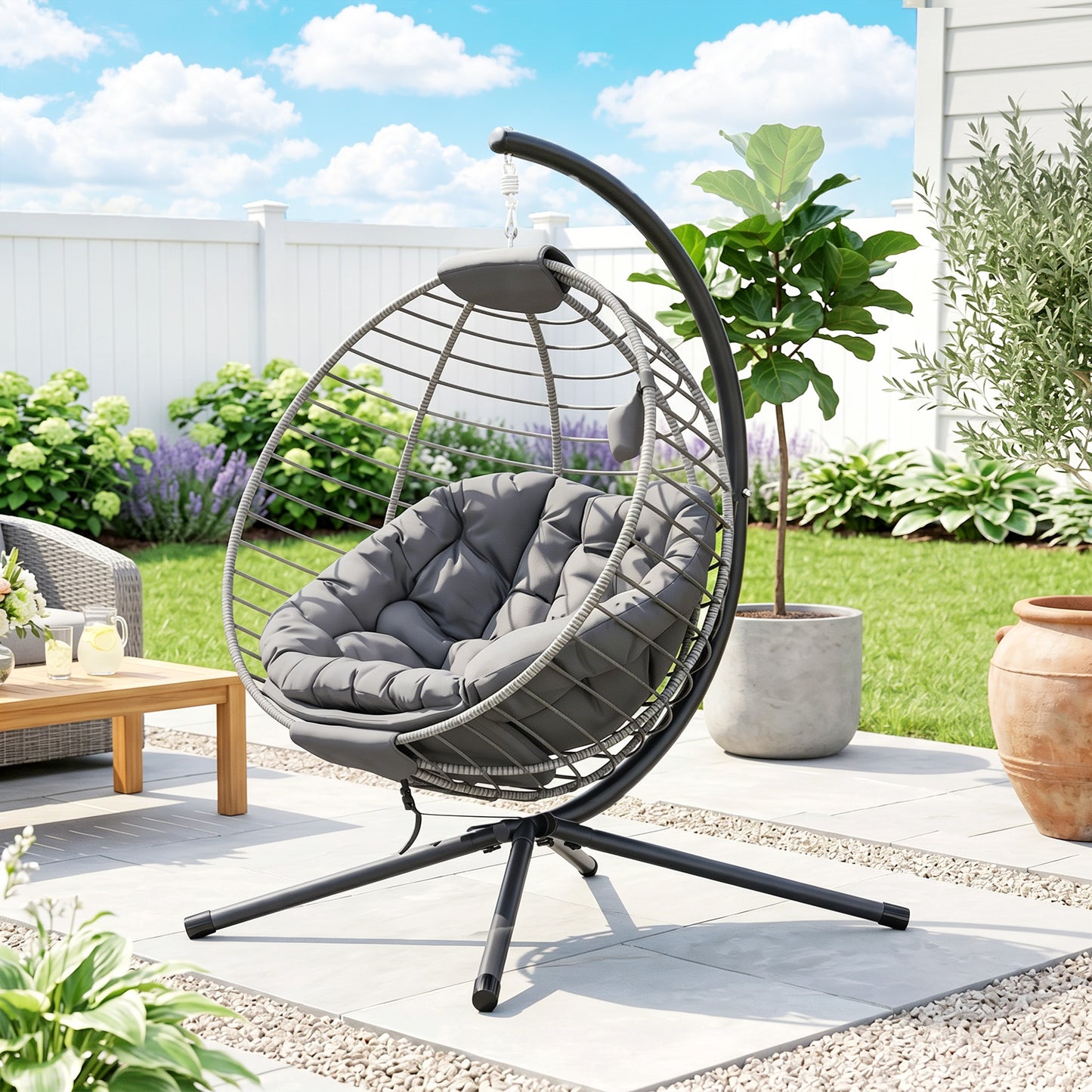 Outsunny PE Rattan Swing Chair, Outdoor Hanging Chair with Metal Stand, Thick Padded Cushion, Foldable Basket and Cup Holder, for Indoor and Outdoor, Grey