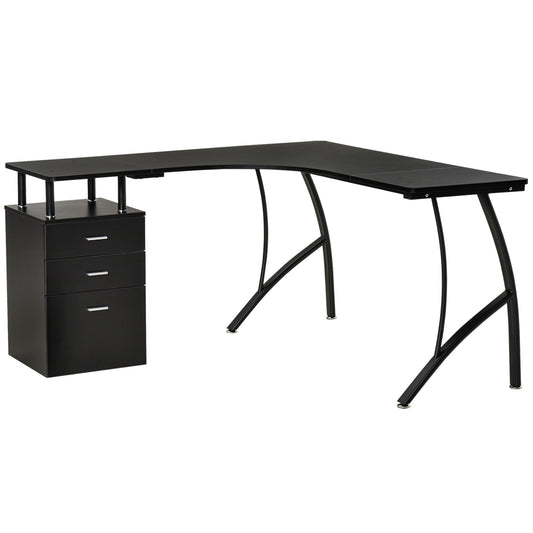 Photo of HOMCOM L-Shaped Computer Desk Table with Storage Drawer, Home Office Desk Corner Industrial Style Workstation for A4 Files 143.5 x 143.5 x 76cm, Black in Black colour on a white background
