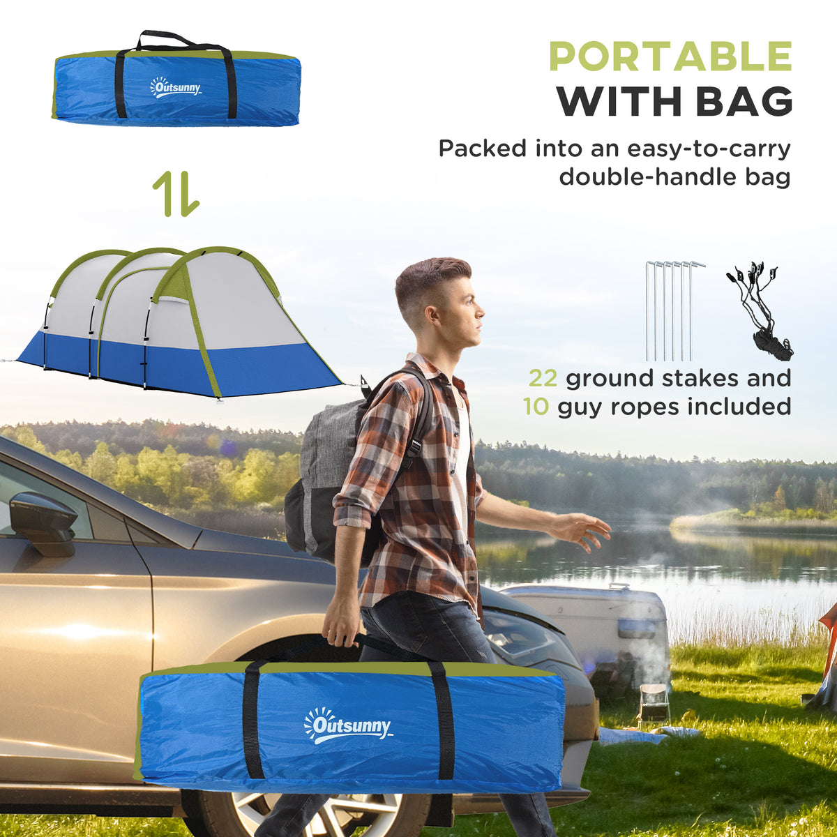 Outsunny Two Man Two-Room Tent, with Porch and Accessories - Green