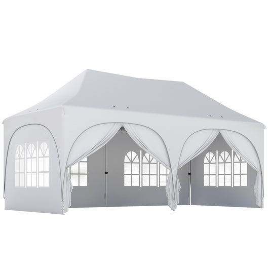 Photo of Outsunny 3 x 6m Pop Up Gazebo Shelter with Sides, 6 Sandbags, Peak Top Garden Party Tent Marquee with Carry Bag, Light Grey/White in Grey/White colour on a white background