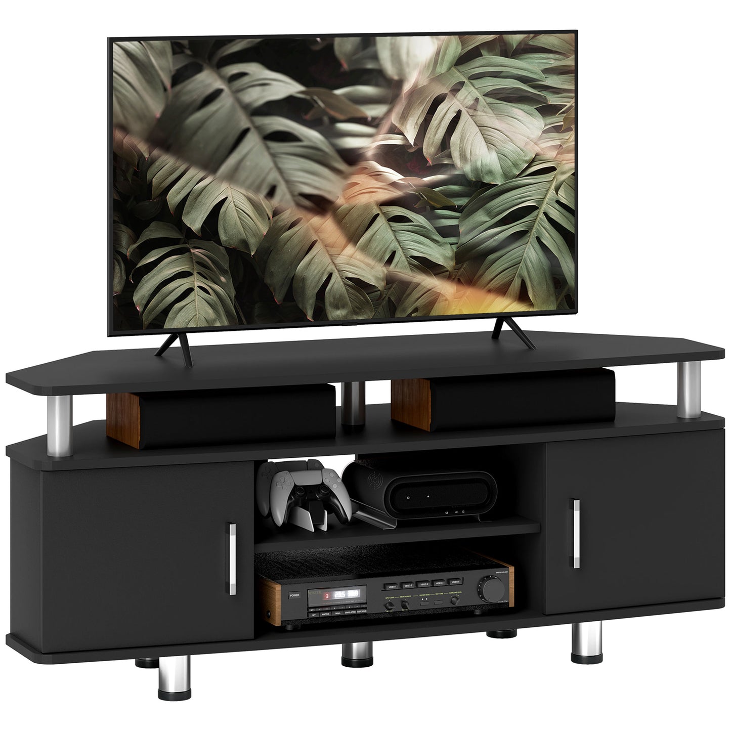 Photo of HOMCOM TV Unit Cabinet for TVs up to 55 Inches with Storage Shelves and Cupboard, Entertainment Centre for Living Room, Black in Black colour on a white background