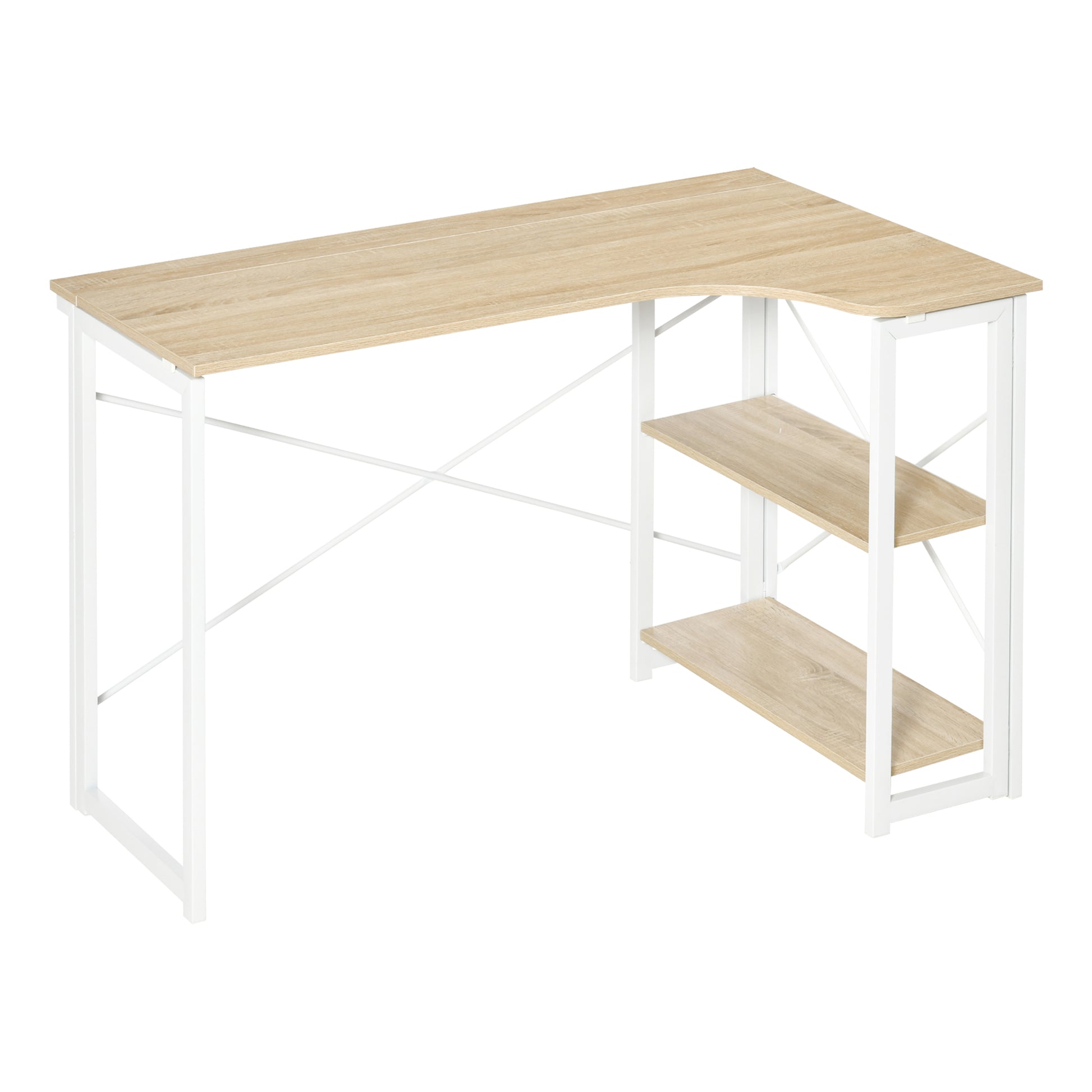 Photo of HOMCOM Folding Desk, L Shaped Desk, Corner Computer Desk with 2-Tier Storage Shelf for Home Office, Study Room, Workstation, Easy Assembly, 120 x 72.5 x 76.5cm, Oak Tone in Tone colour on a white background