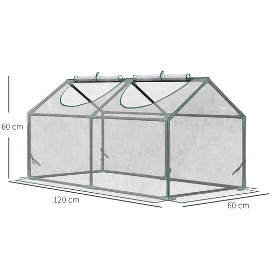 Clear mini greenhouse with green frame, roll-up roof windows, and 120 x 60 x 60 cm dimensions.