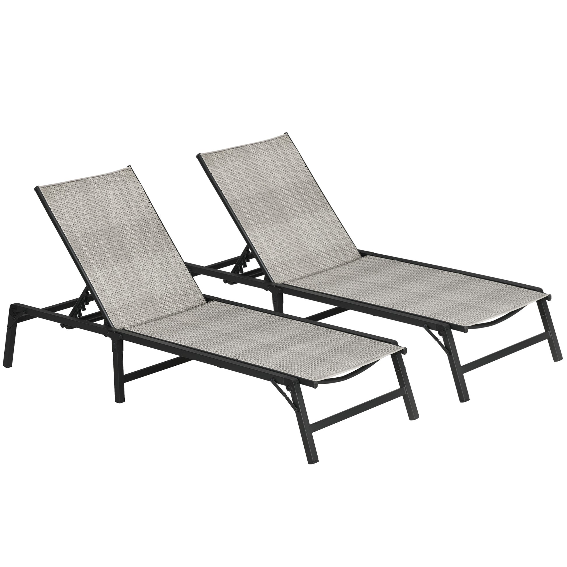 Photo of Outsunny Foldable Outdoor PE Rattan Sun Lounger Set of 2, Patio Wicker Recliners Lounge Chair w/ 5-Level Adjustable Backrest, for Poolside, Garden, Mixed Grey in Grey colour on a white background