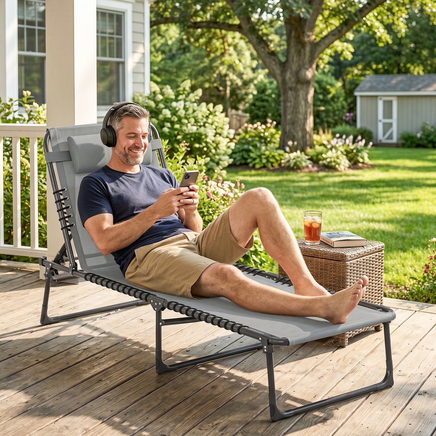 Outsunny Folding Sun Lounger, with Four-Position Back - Light Grey