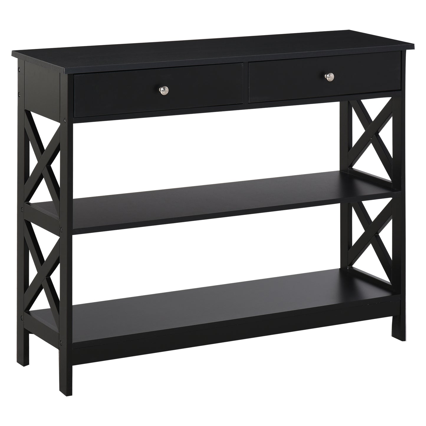 Photo of HOMCOM Console Table Side Desk w/ Shelves Drawers Open Top X Support Frame Living Room Hallway Home Office Furniture Black in Black colour on a white background