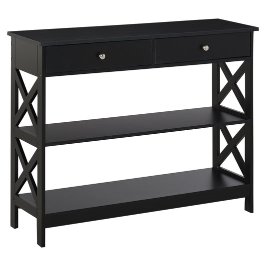 Photo of HOMCOM Console Table Side Desk w/ Shelves Drawers Open Top X Support Frame Living Room Hallway Home Office Furniture Black in Black colour on a white background