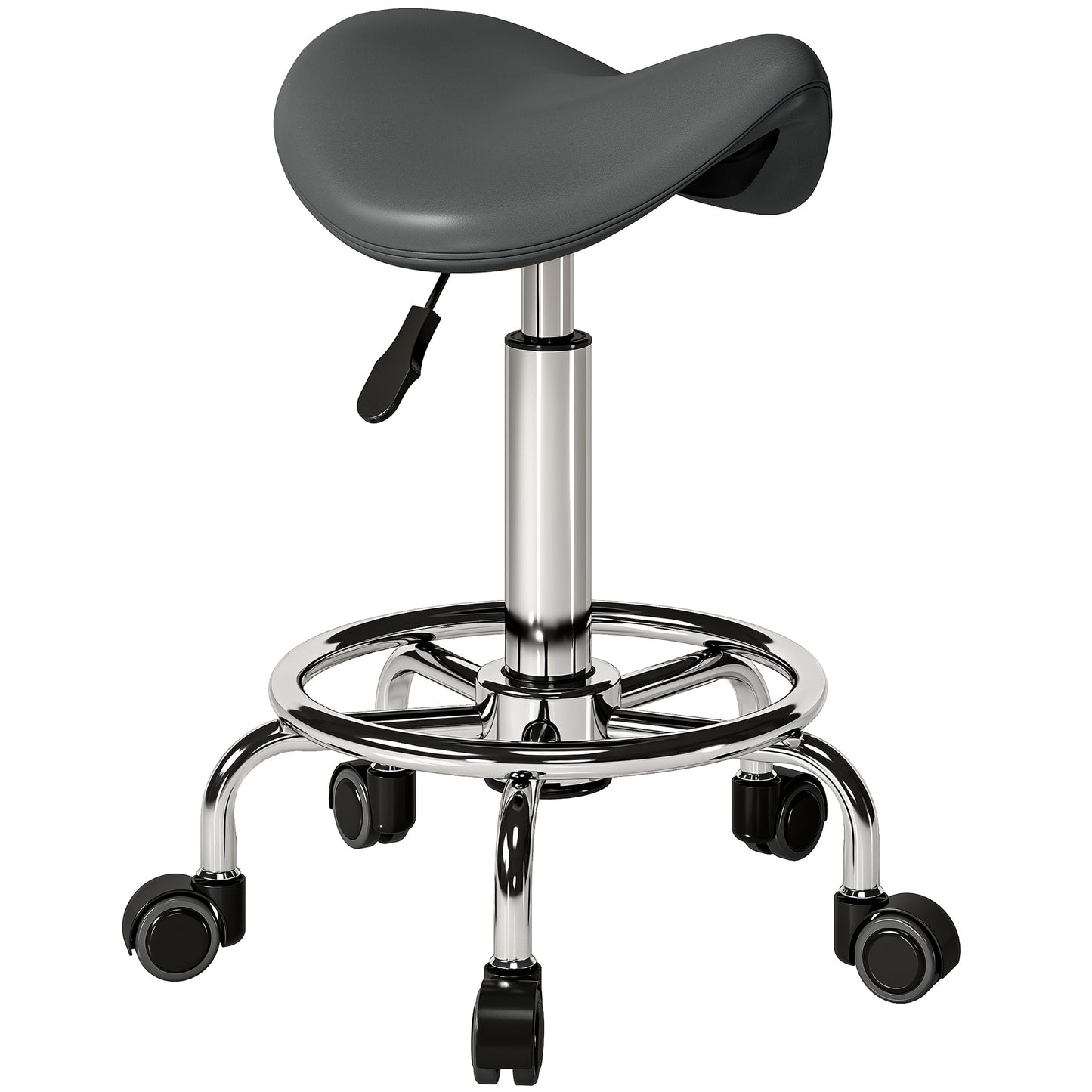 Photo of HOMCOM Salon Saddle Stool, Rolling Saddle Chair for Massage, Spa, Clinic, Beauty, Hairdressing and Tattoo, Grey in Grey colour on a white background