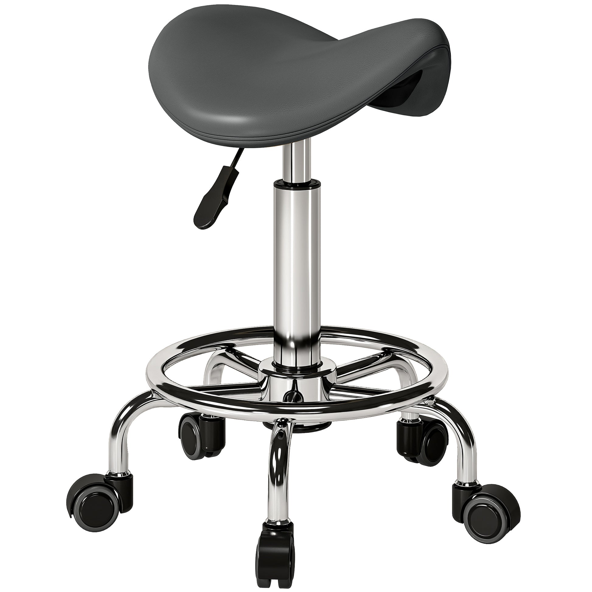 Photo of HOMCOM Salon Saddle Stool, Rolling Saddle Chair for Massage, Spa, Clinic, Beauty, Hairdressing and Tattoo, Grey in Grey colour on a white background