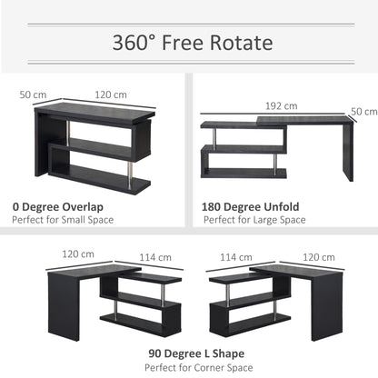 Black rotating L-shaped desk shown folded, unfolded, and in corner configurations.