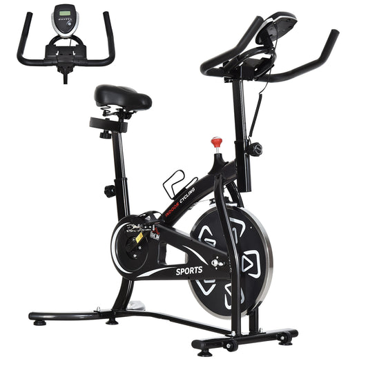 Photo of HOMCOM Indoor Stationary Exercise Bike 6kg Flywheel Fitness Cardio Workout Bke Trainer for Home Gym w/ Adjustable Resistance LCD Monitor Pad and Bottle Holder Black in Black colour on a white background