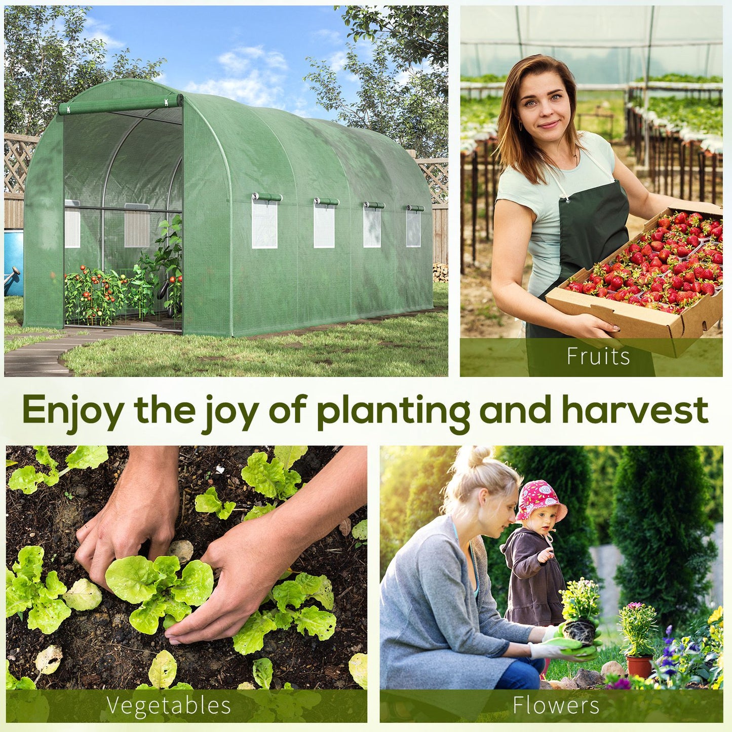 Outsunny Walk-in Polytunnel Greenhouse, Outdoor Garden Tunnel Greenhouse Tent with Zipped Roll-Up Door and 8 Mesh Windows, 4 x 2M