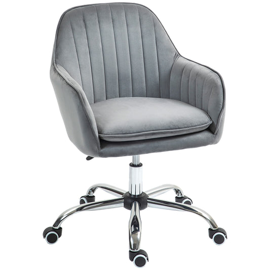 Photo of HOMCOM Office Chair, Swivel Desk Chair, Velvet-Feel Fabric Vanity Chair with Adjustable Height and Rolling Wheels for Home Work Study, Grey in Grey colour on a white background