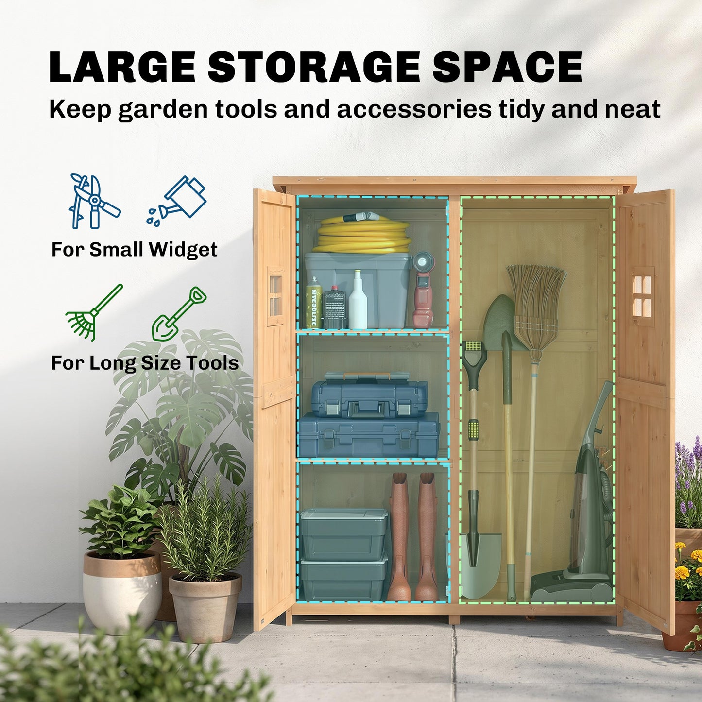 Outsunny Wooden Garden Shed with Two Windows, Tool Storage Cabinet, Outdoor Double Door Organizer 127.5L x 50W x 164H cm, Natural