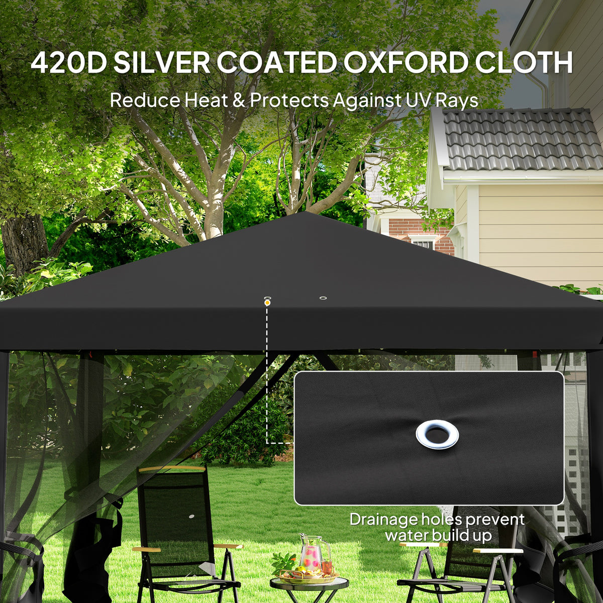 Outsunny gazebo with black 420D Oxford canopy and a drainage grommet