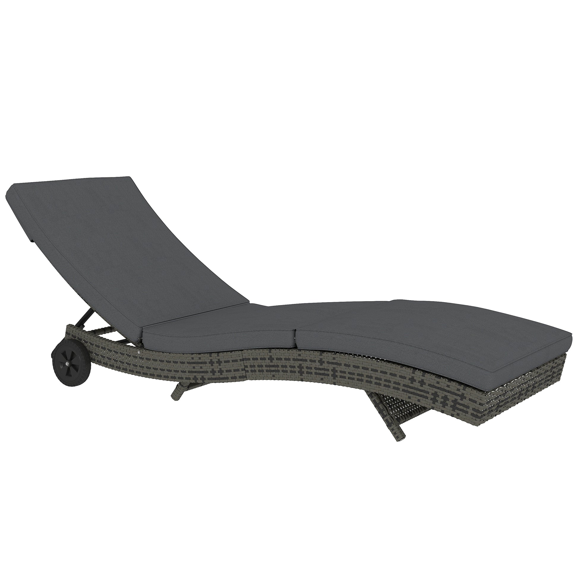 Photo of Outsunny Patio Wicker Chaise Lounge Chair, Outdoor PE Rattan Sun Lounger with Adjustable Backrest and 2 Wheels, Dark Grey in Grey colour on a white background