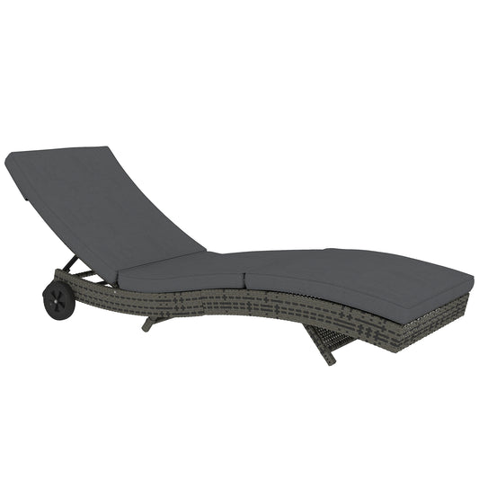 Photo of Outsunny Patio Wicker Chaise Lounge Chair, Outdoor PE Rattan Sun Lounger with Adjustable Backrest and 2 Wheels, Dark Grey in Grey colour on a white background