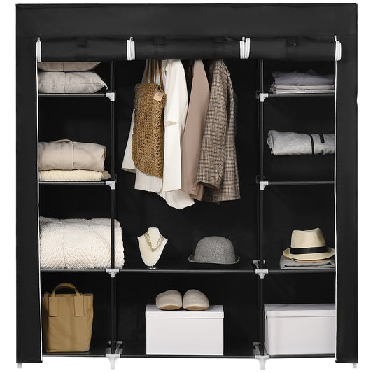 Black fabric wardrobe with hanging rail, shelves, and stored clothes and accessories