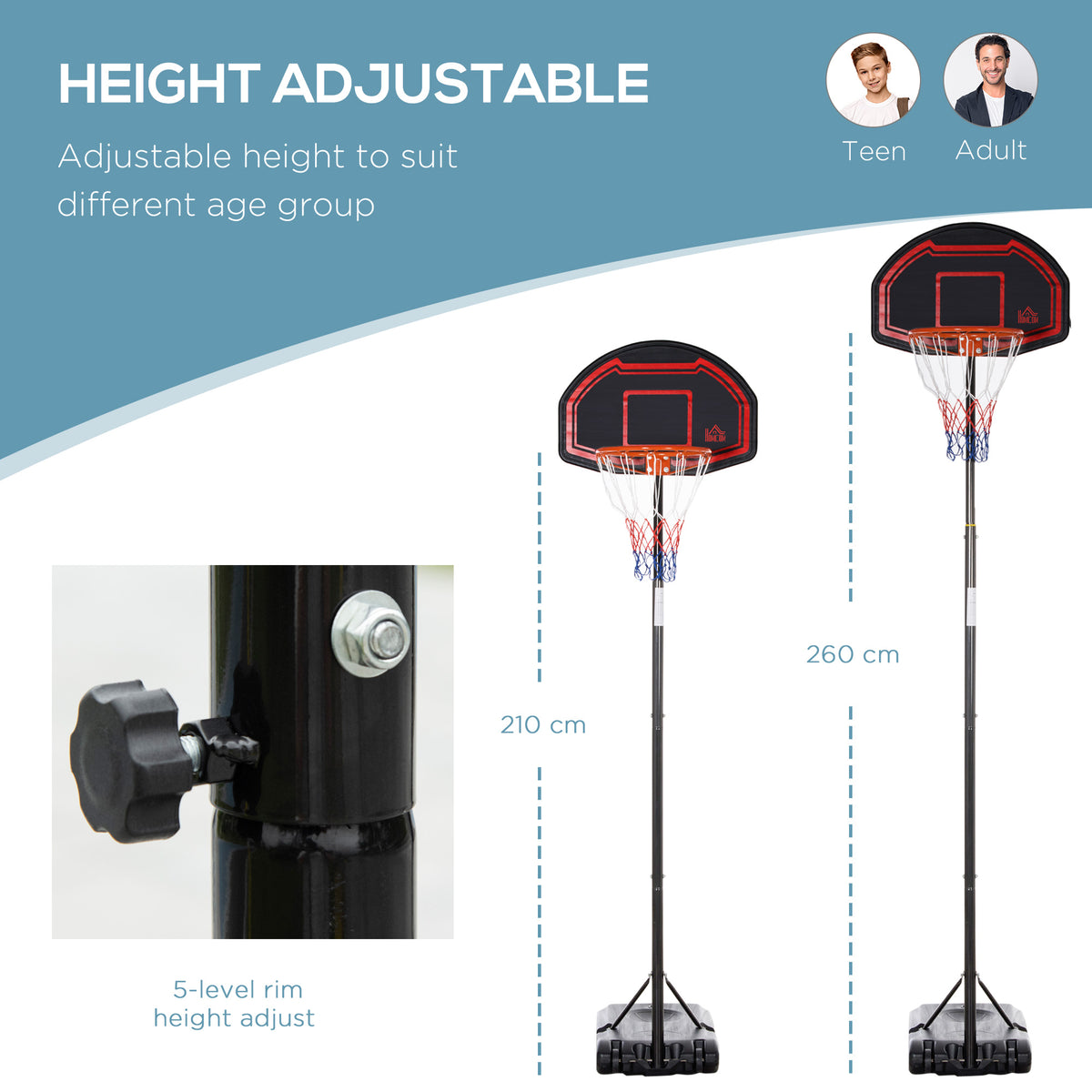 HOMCOM Basketball Hoop Stand Portable Adjustable Height 2.1-2.6m w/ Wheels, Solid Rim Stable Base, Black