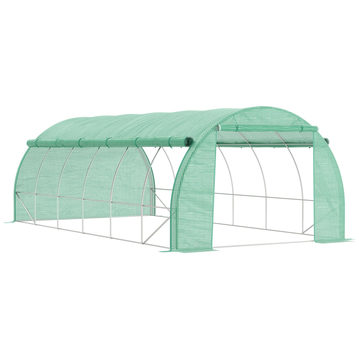 Photo of Outsunny Polytunnel Greenhouse Walk-in Grow House Tent with Roll-up Sidewalls, Zipped Door and 12 Windows, 6x3x2m Green in Green colour on a white background