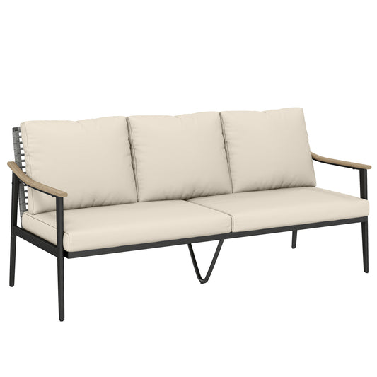 Photo of Outsunny 3 Seater Rattan Sofa, Outdoor Garden Sofa with Wood-Effect Armrests, Cushions for Patio, Balcony, Khaki in Khaki colour on a white background