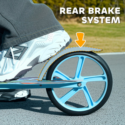 Blue scooter rear wheel and fender brake pressed by a shoe.