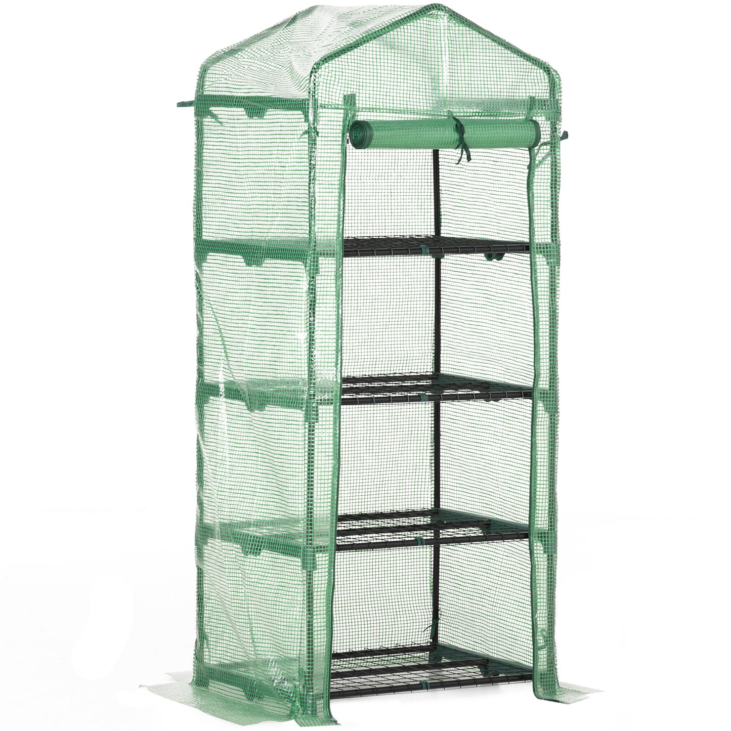 Photo of Outsunny 4 Tier Mini Greenhouse, Portable Compact Green House with Steel Frame, PE Cover, Roll-up Door, 70 x 50 x 160 cm, Green in Green colour on a white background
