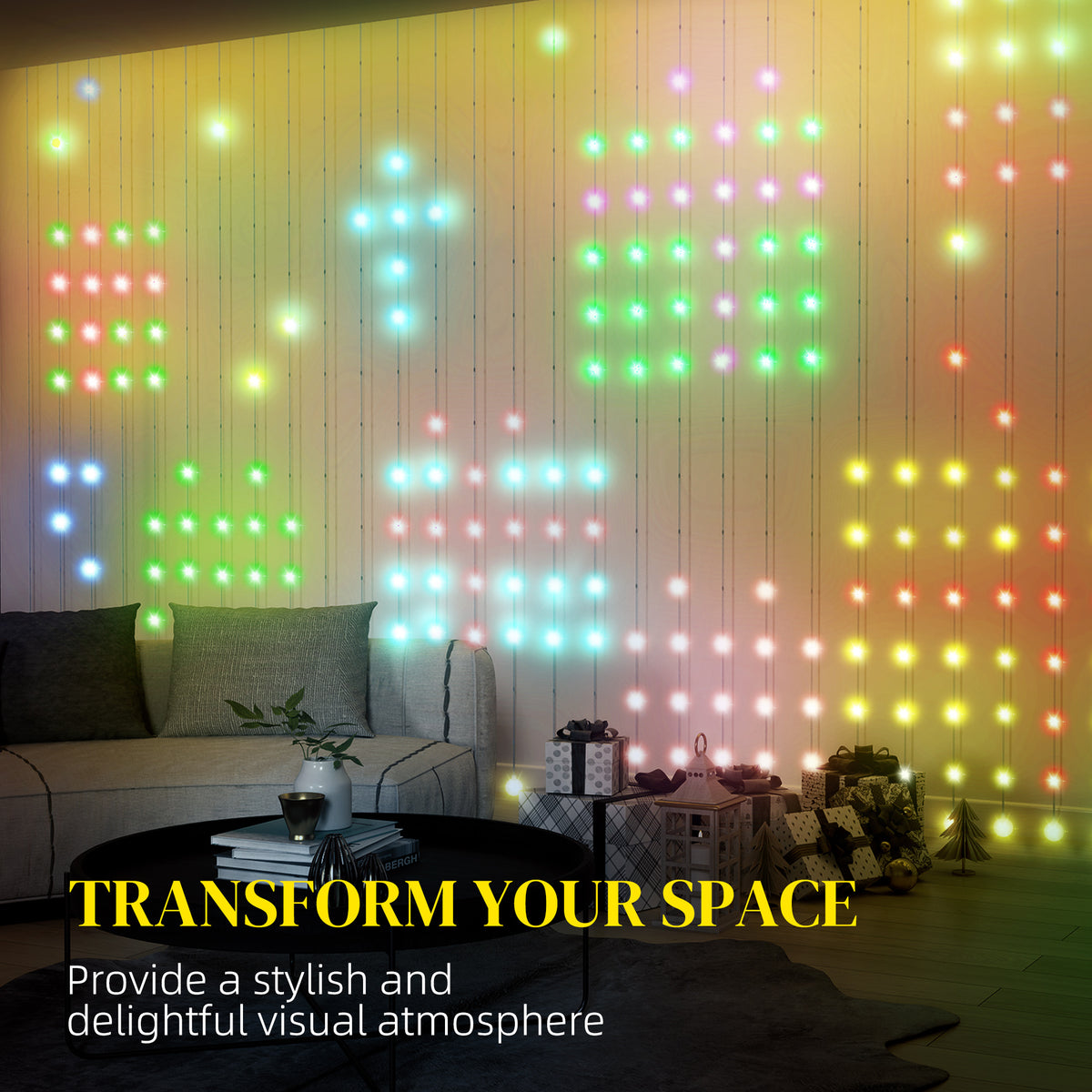 HOMCOM LED Curtain Lights, Smart Curtain Fairy Plug In, Colour Changing Wall Lights with Remote, App, Dynamic DIY Hanging Window String Lights for Bedroom Living Room, 3x3(m), 400 RGBIC LED