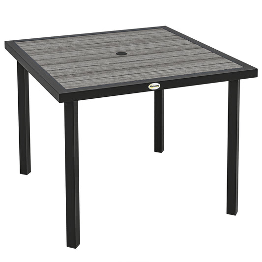 Photo of Outsunny Square Garden Dining Table with Parasol Hole, Slatted Top, Metal Frame, 86 x 86 x 71 cm, Light Grey in Grey colour on a white background