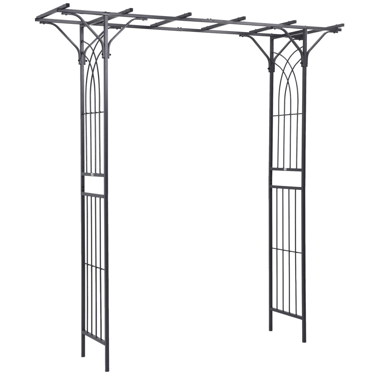 Dark metal garden trellis arch with overhead crossbars and decorative side scrollwork