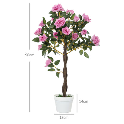 Artificial pink rose tree in a white pot, shown with 90 cm height and pot dimensions